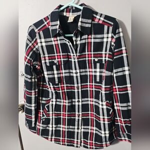 Womens Duluth Trading Free Swinging flannel plaid jacket black/red/white size XS